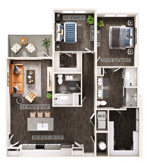 Floor plan for 2 beds, 2 baths, 1280 sqft